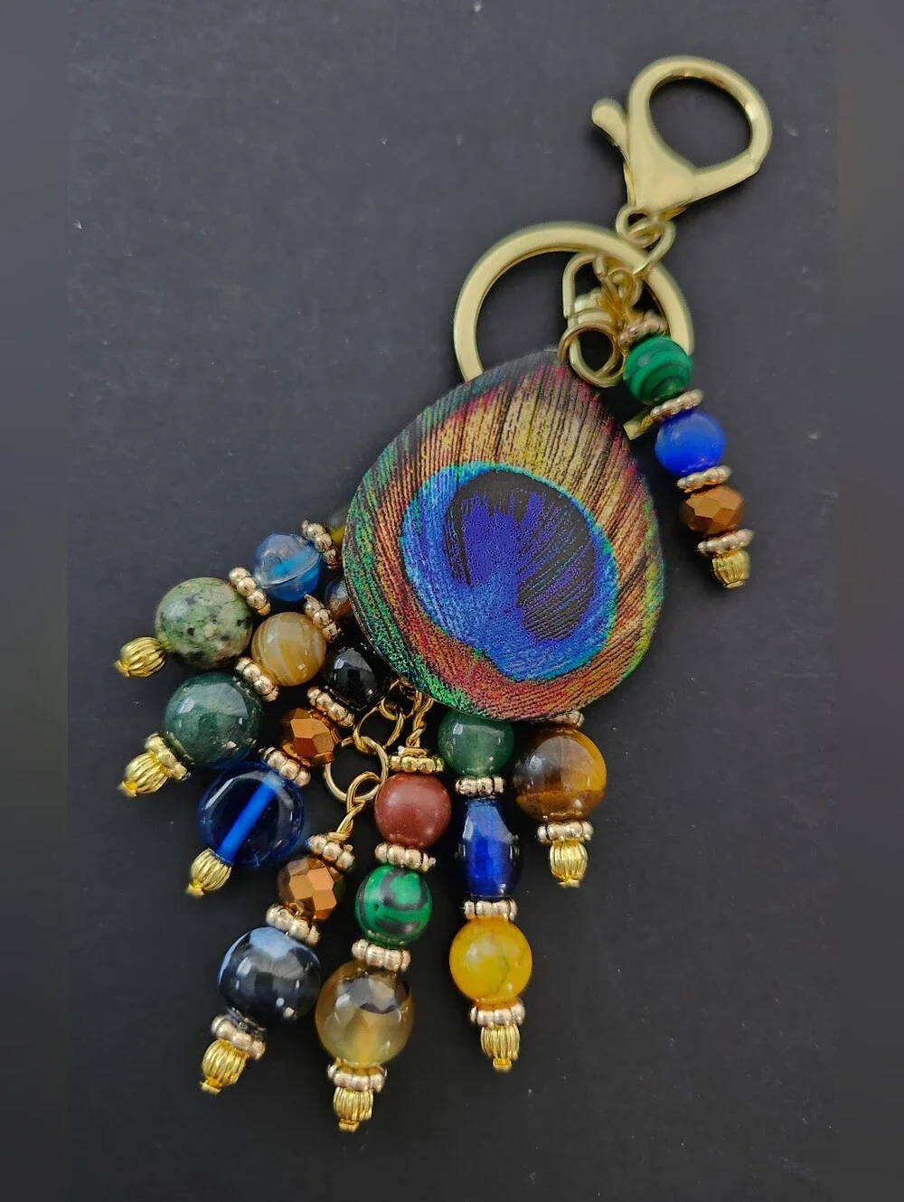 Peacock Purse Charm or Keychain Malachite Jasper Aventurine Handcrafted